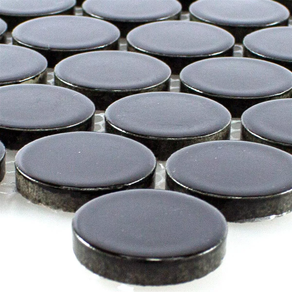 Ceramic Button Mosaic Tiles Harlingen Black Glossy